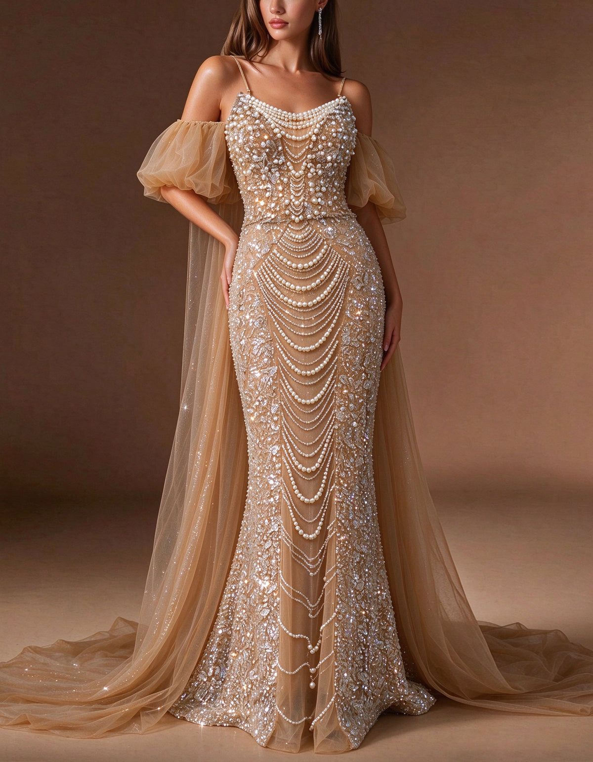 Vestido de noche de sirena con cuentas de perlas color champán