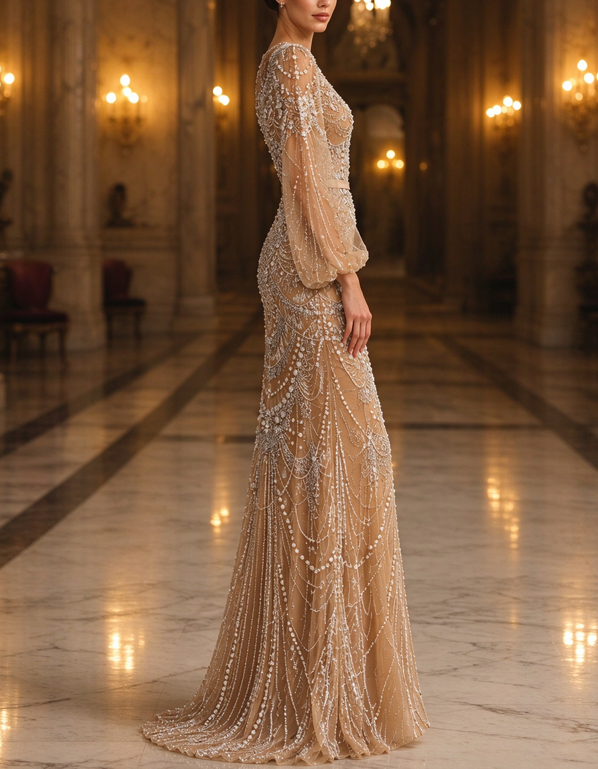 Champagner-Nude-Abendkleid in Meerjungfrauen-Schnitt mit hochgeschlossenem Rundhalsausschnitt, transparenten langen Puffärmeln