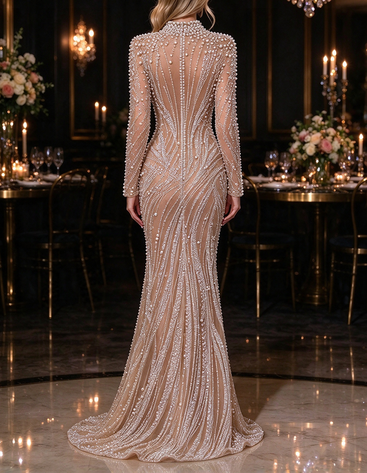 Abito da sera maxi a sirena color champagne con collo alto, maniche lunghe e perline decorative
