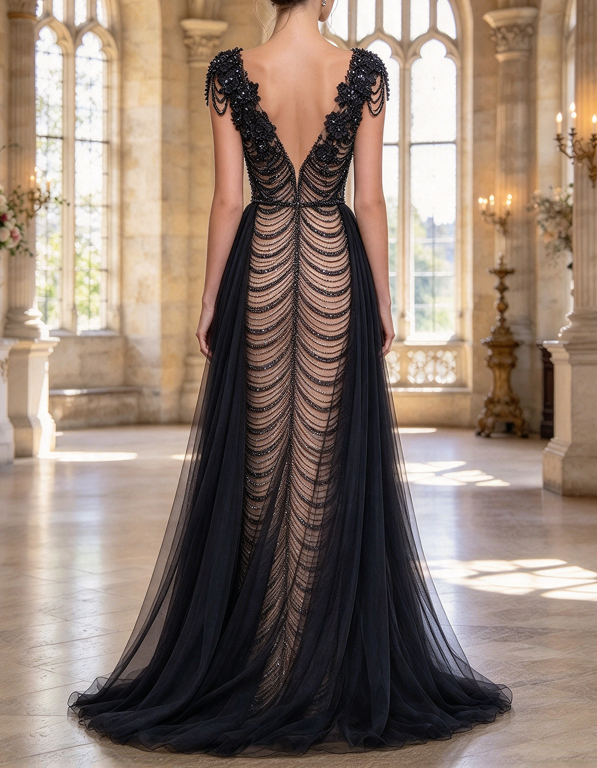 Schwarzes, stark perlenbesetztes Abend-Maxikleid mit V-Ausschnitt, Perlenkette und Meerjungfrauen-Silhouette