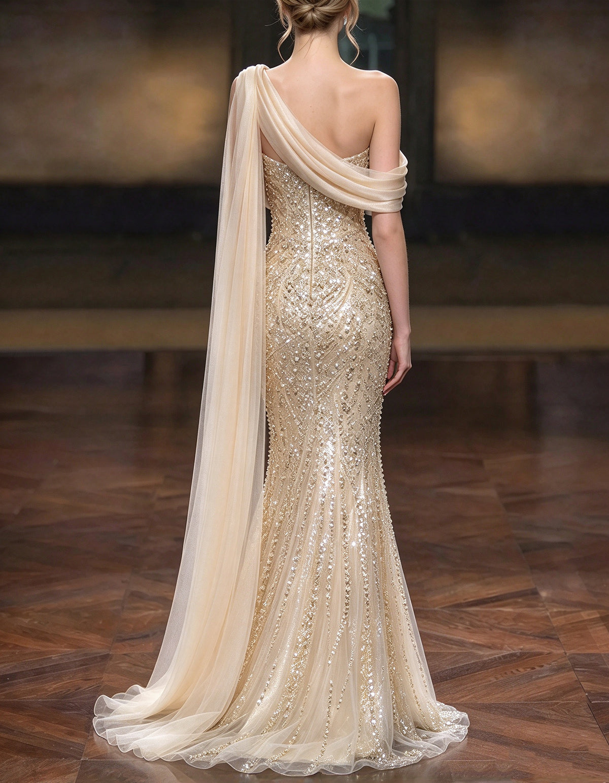 Champagne One-Shoulder Cape Sequin Beaded Maxi Dress