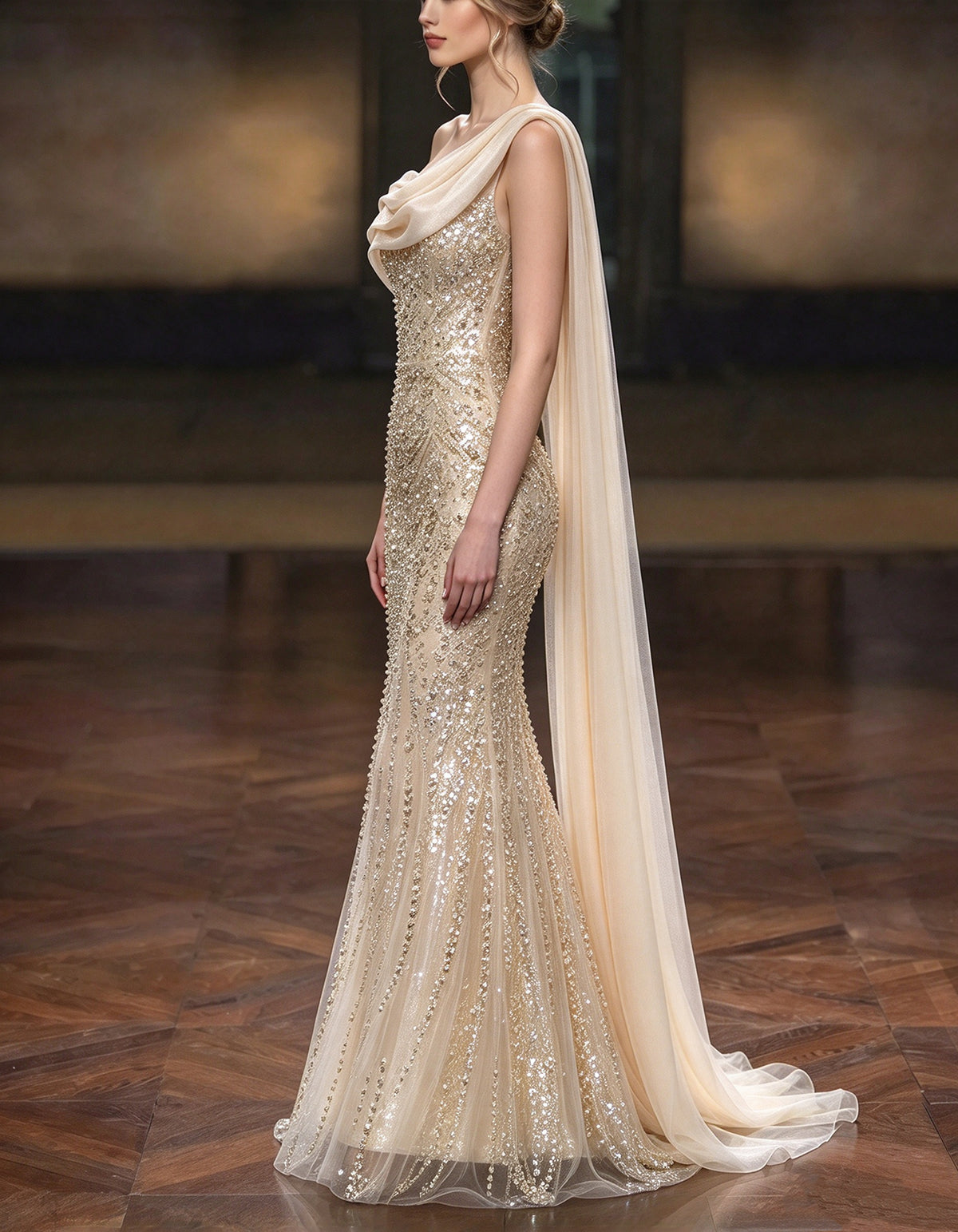 Champagnerfarbenes One-Shoulder-Maxikleid mit Cape, Pailletten und Perlchen