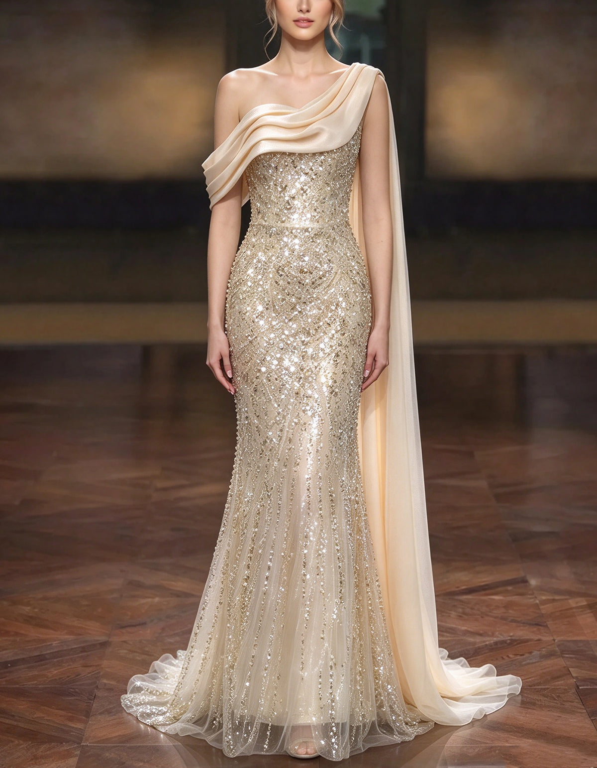 Champagnerfarbenes One-Shoulder-Maxikleid mit Cape, Pailletten und Perlchen