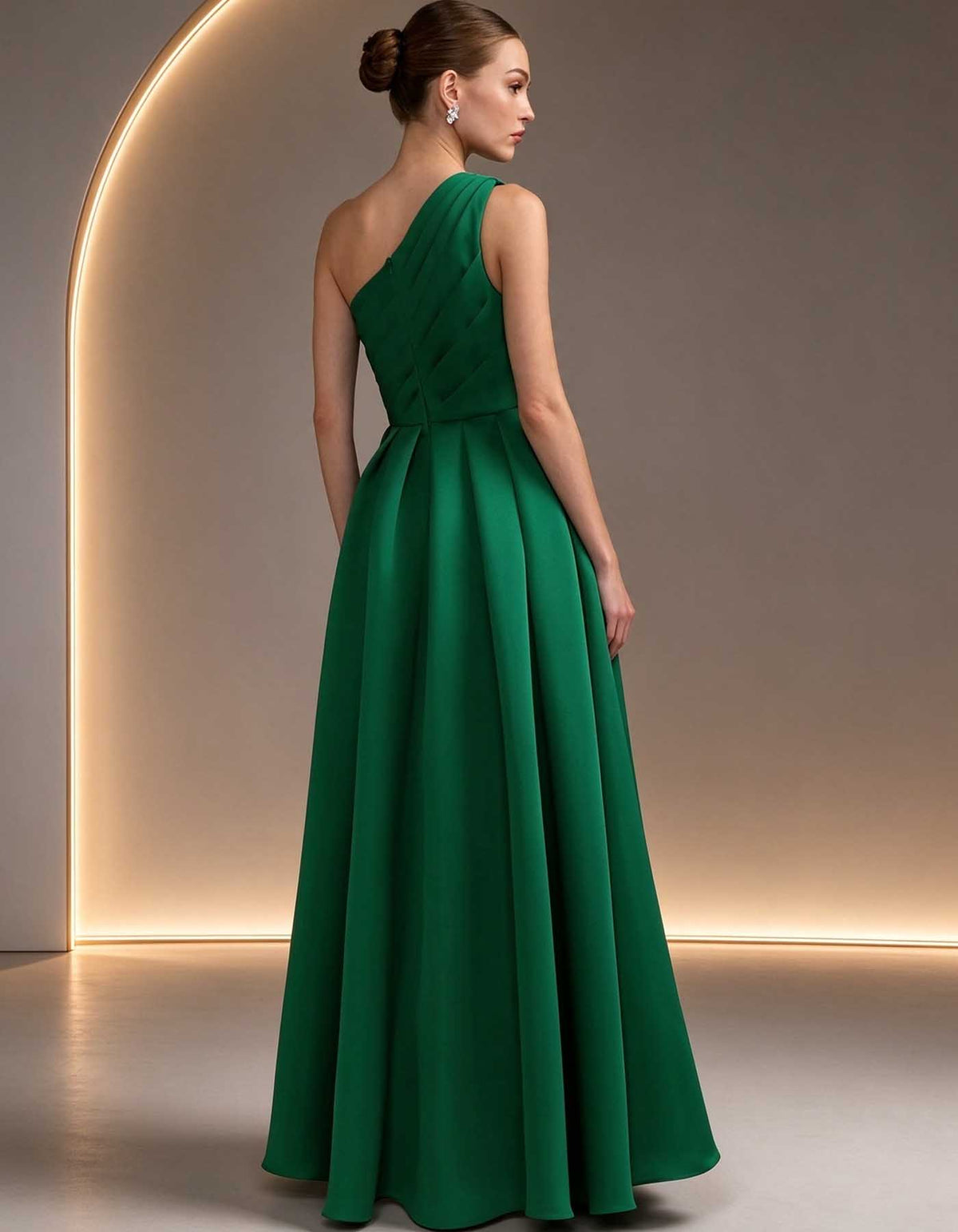 Green Satin One Shoulder Diagonal Pleated Waist Ruched Maxi Dress