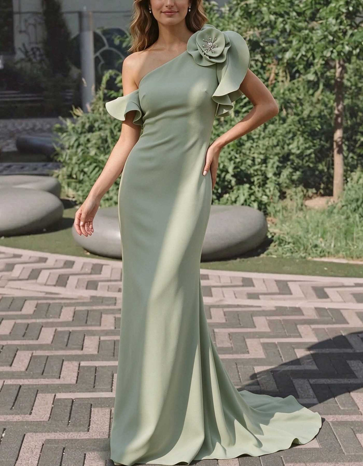 Abito lungo a sirena aderente con fiore 3D monospalla