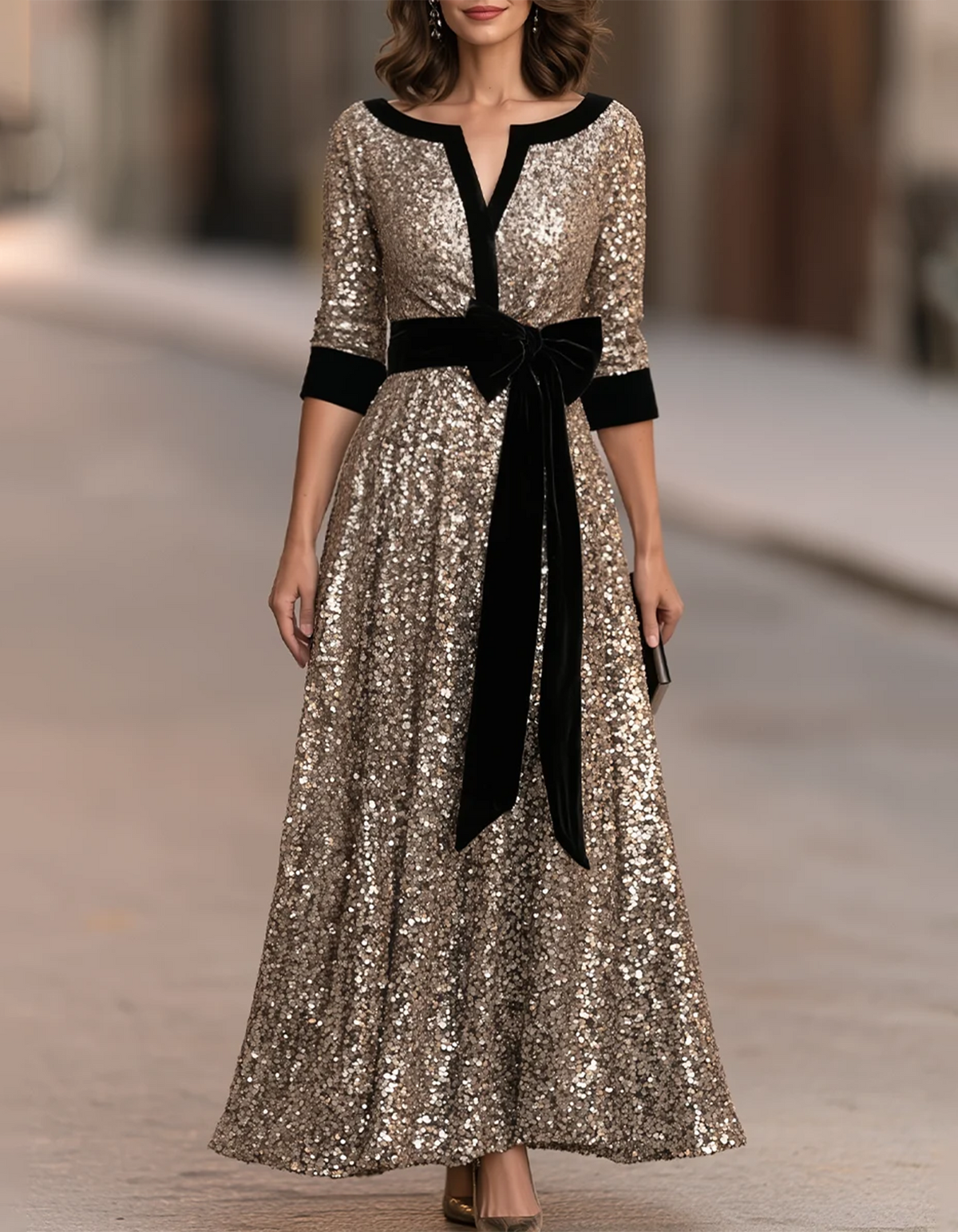 Vestido maxi de lantejoulas douradas e veludo preto com decote em V e corte em A