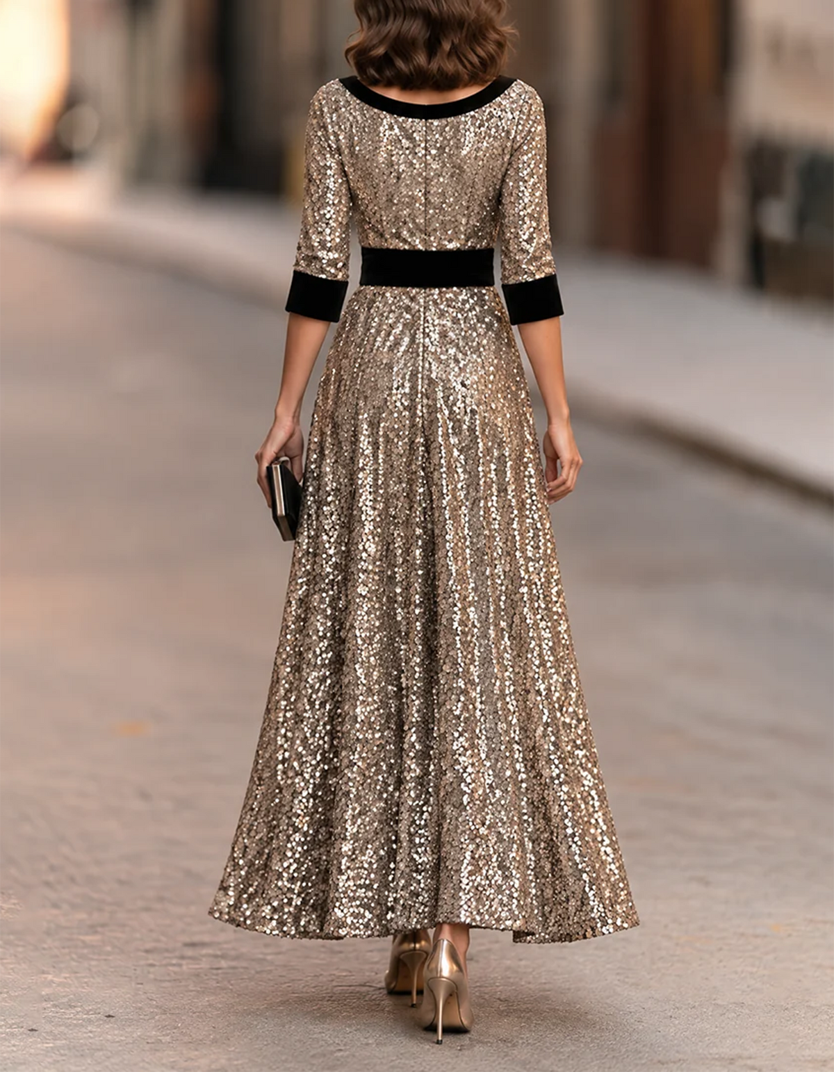 Vestido maxi de lantejoulas douradas e veludo preto com decote em V e corte em A