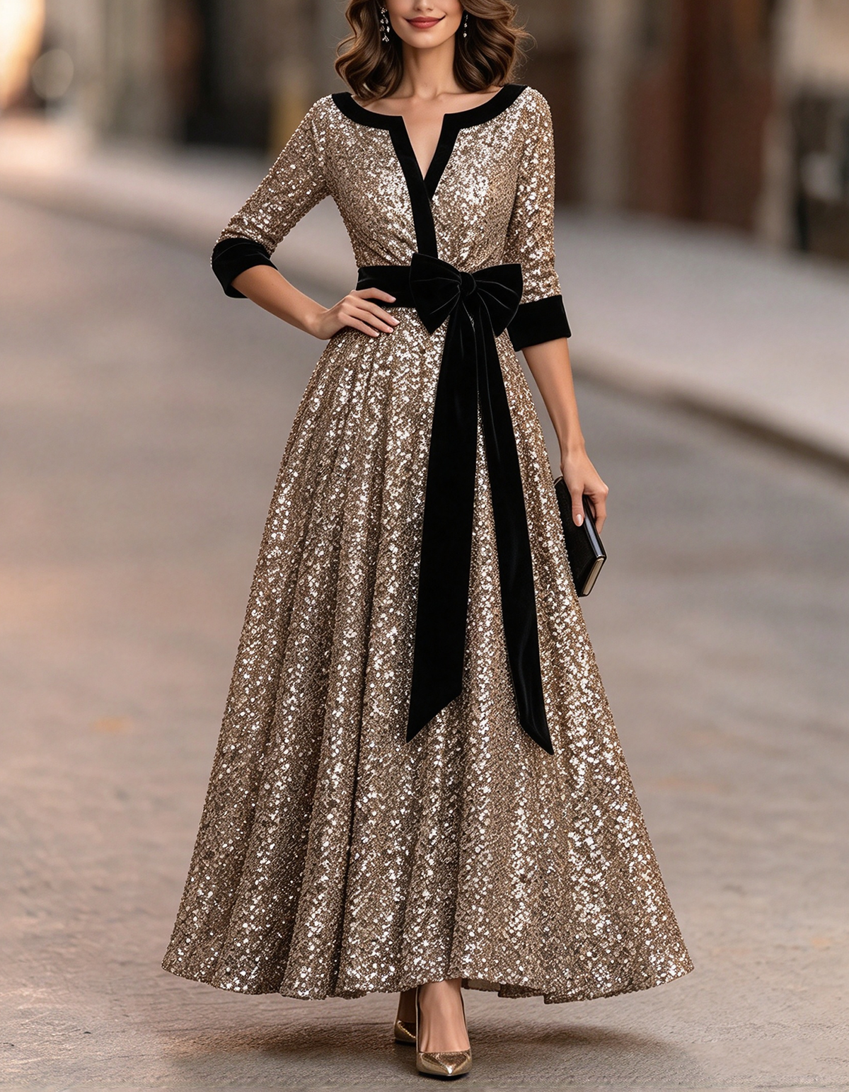Vestido maxi de lantejoulas douradas e veludo preto com decote em V e corte em A