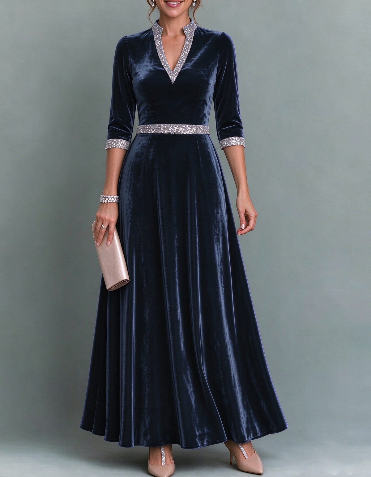 Vestido largo de terciopelo azul oscuro con lentejuelas