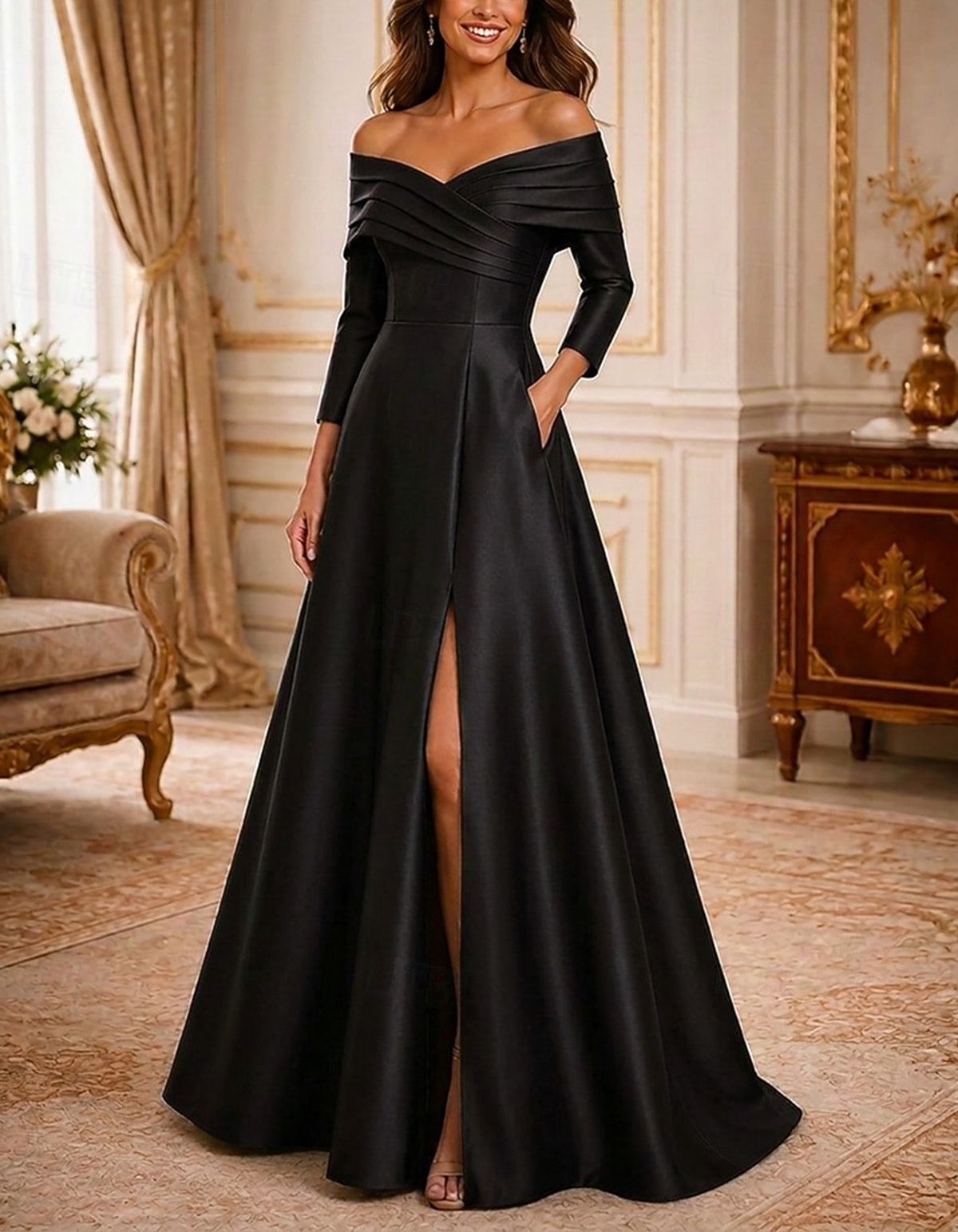 Robe longue en satin unie épaules dénudées