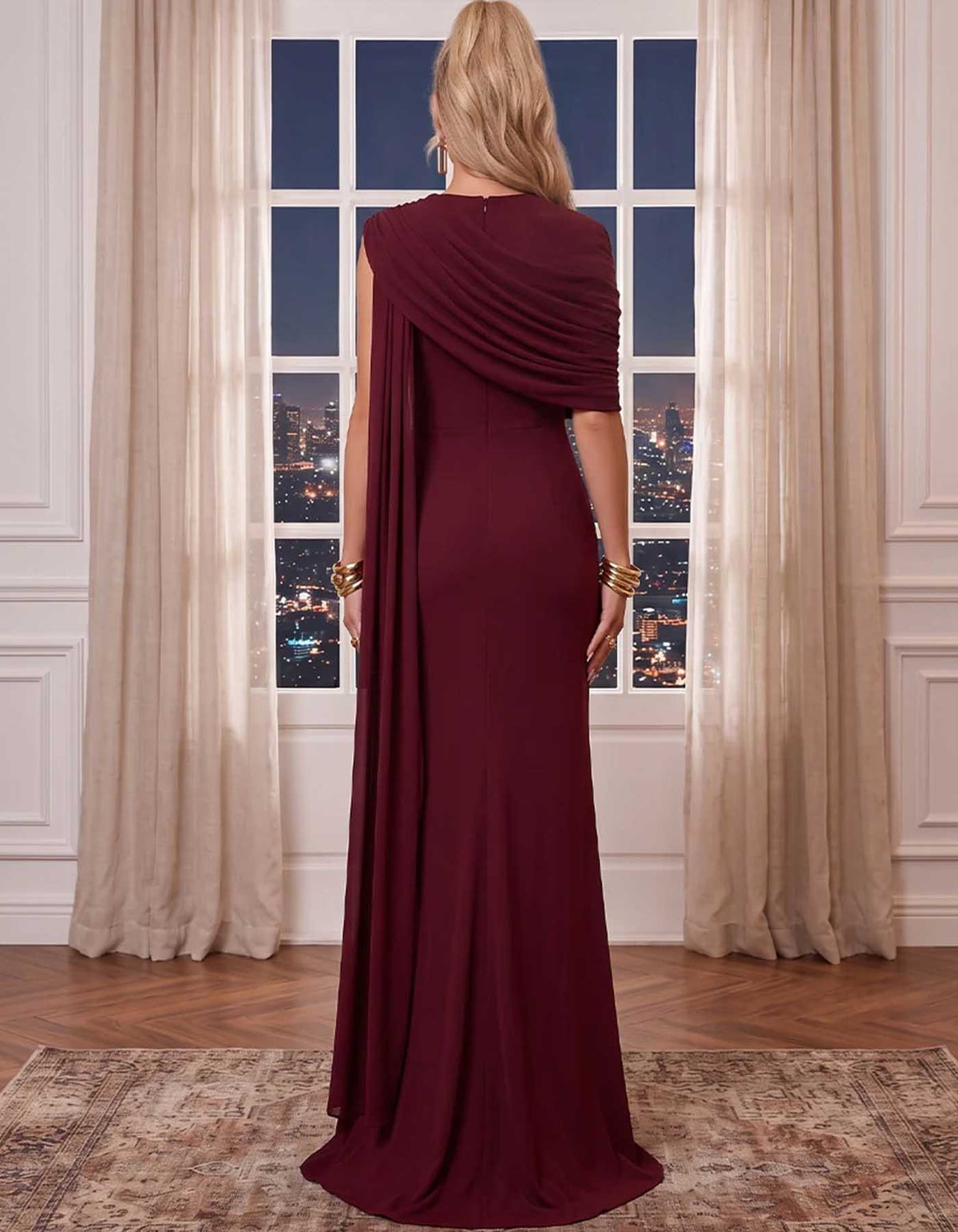 Rochie maxi tip sirenă, cu croială conică, pelerină drapată și o singură mânecă