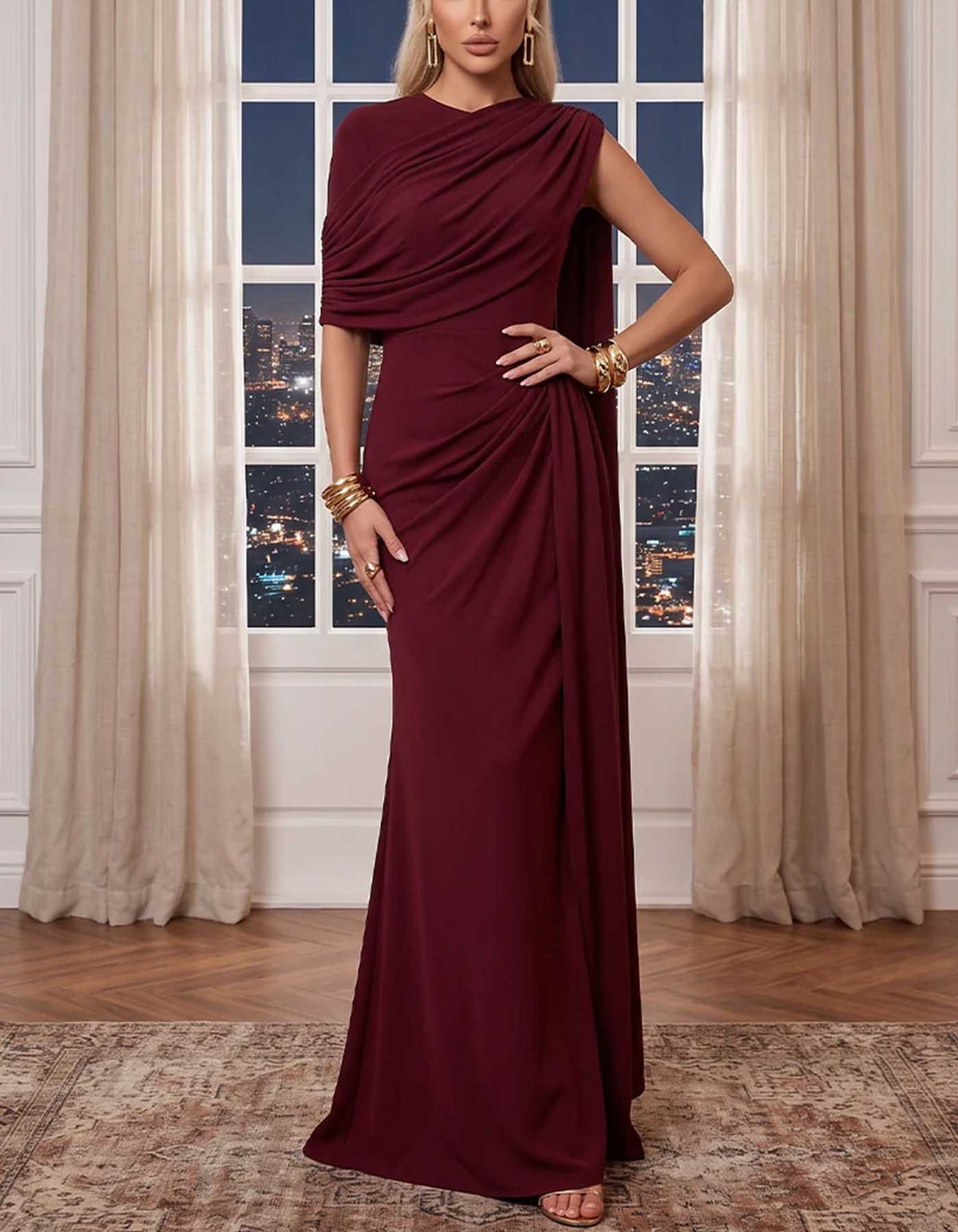 Rochie maxi tip sirenă, cu croială conică, pelerină drapată și o singură mânecă