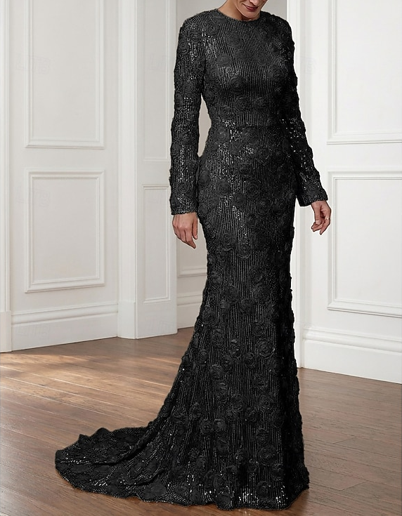 Robe de soirée longue sirène à col rond, manches longues, sequins et roses 3D
