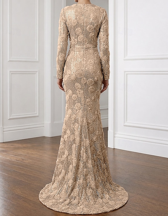 Robe de soirée longue sirène à col rond, manches longues, sequins et roses 3D