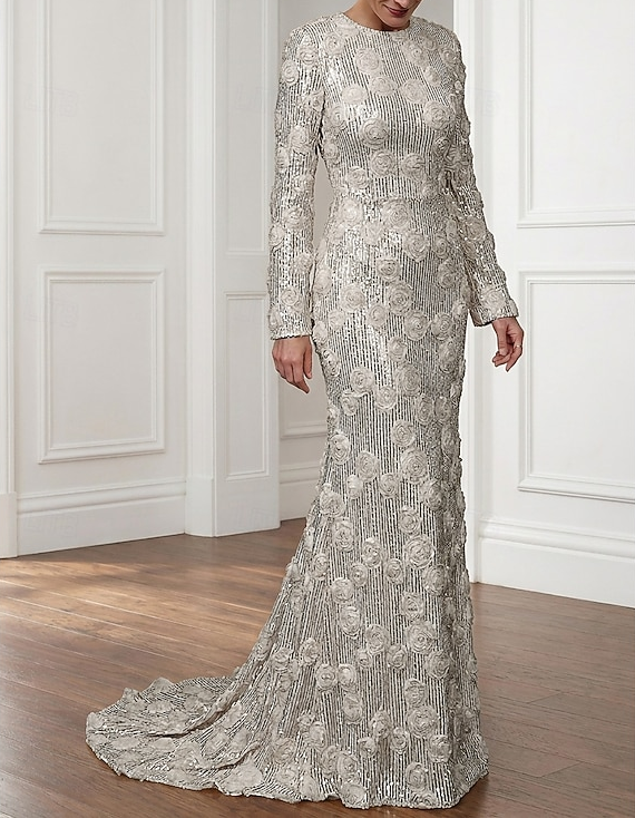 Robe de soirée longue sirène à col rond, manches longues, sequins et roses 3D