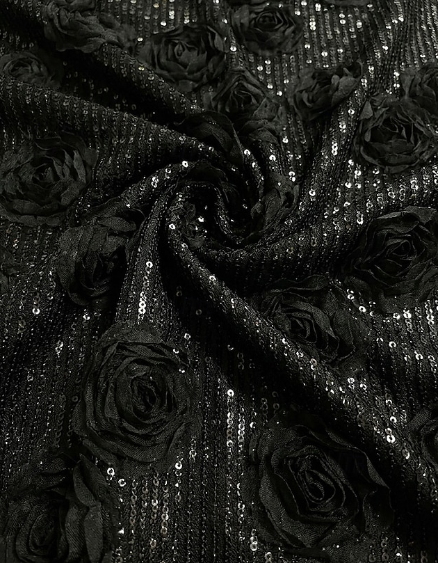 Robe de soirée longue sirène à col rond, manches longues, sequins et roses 3D