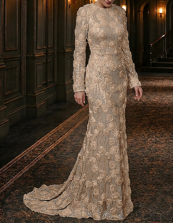 Robe de soirée longue sirène à col rond, manches longues, sequins et roses 3D