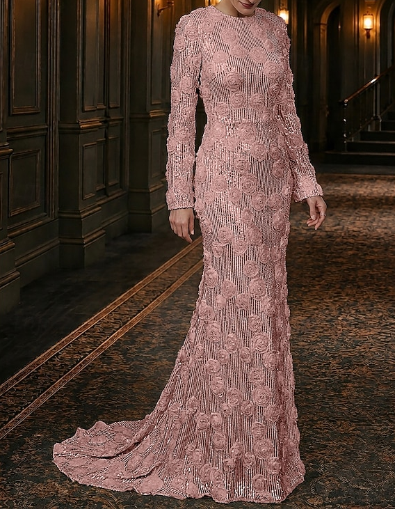 Robe de soirée longue sirène à col rond, manches longues, sequins et roses 3D