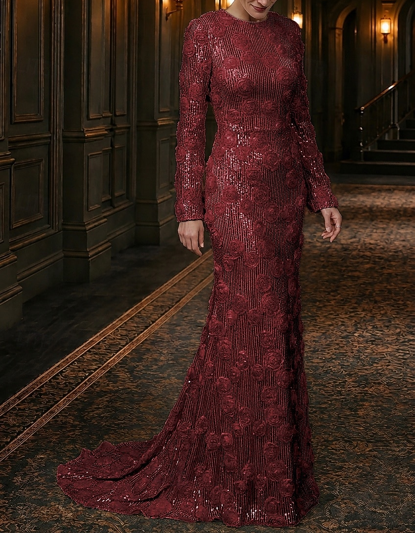 Robe de soirée longue sirène à col rond, manches longues, sequins et roses 3D