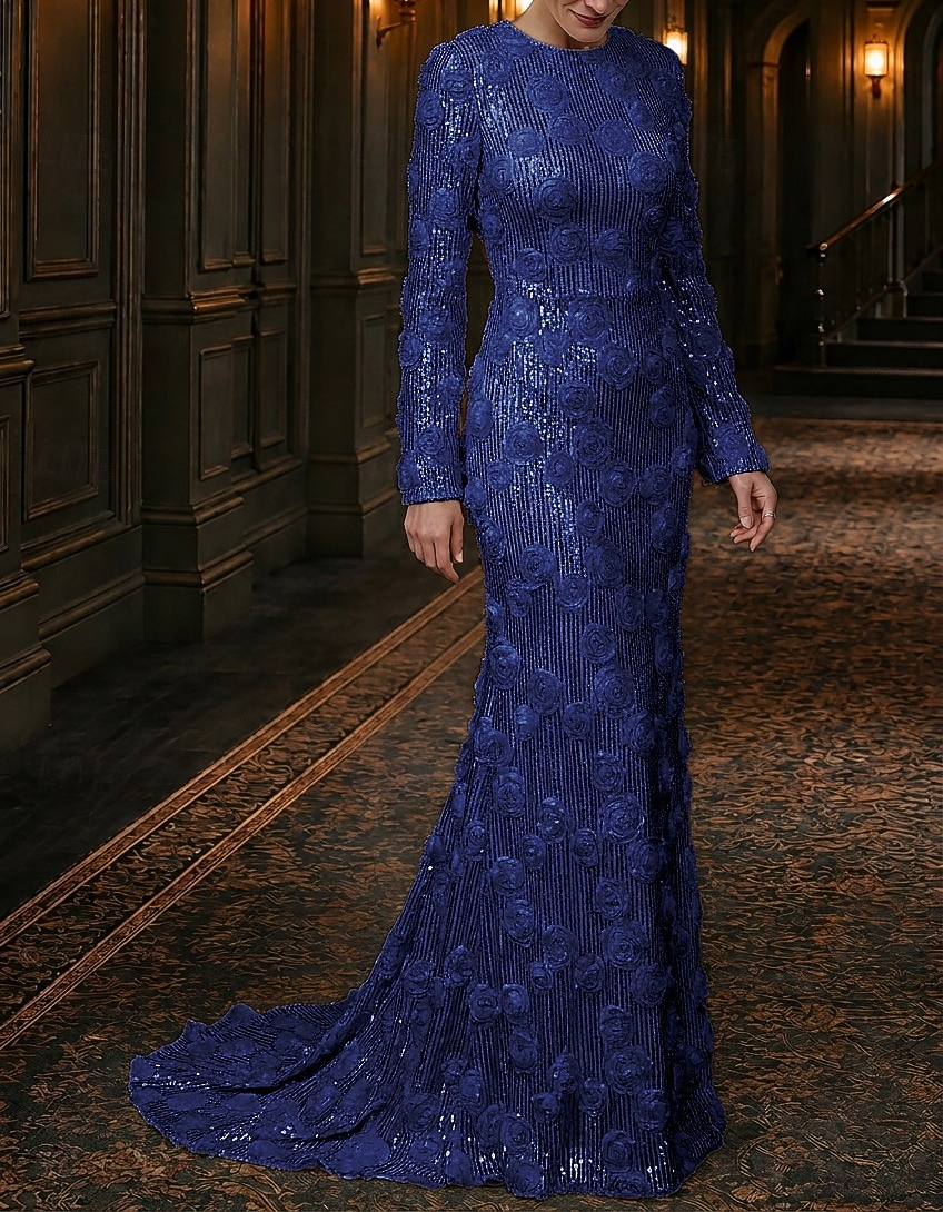 Robe de soirée longue sirène à col rond, manches longues, sequins et roses 3D