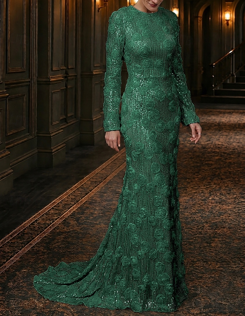 Robe de soirée longue sirène à col rond, manches longues, sequins et roses 3D