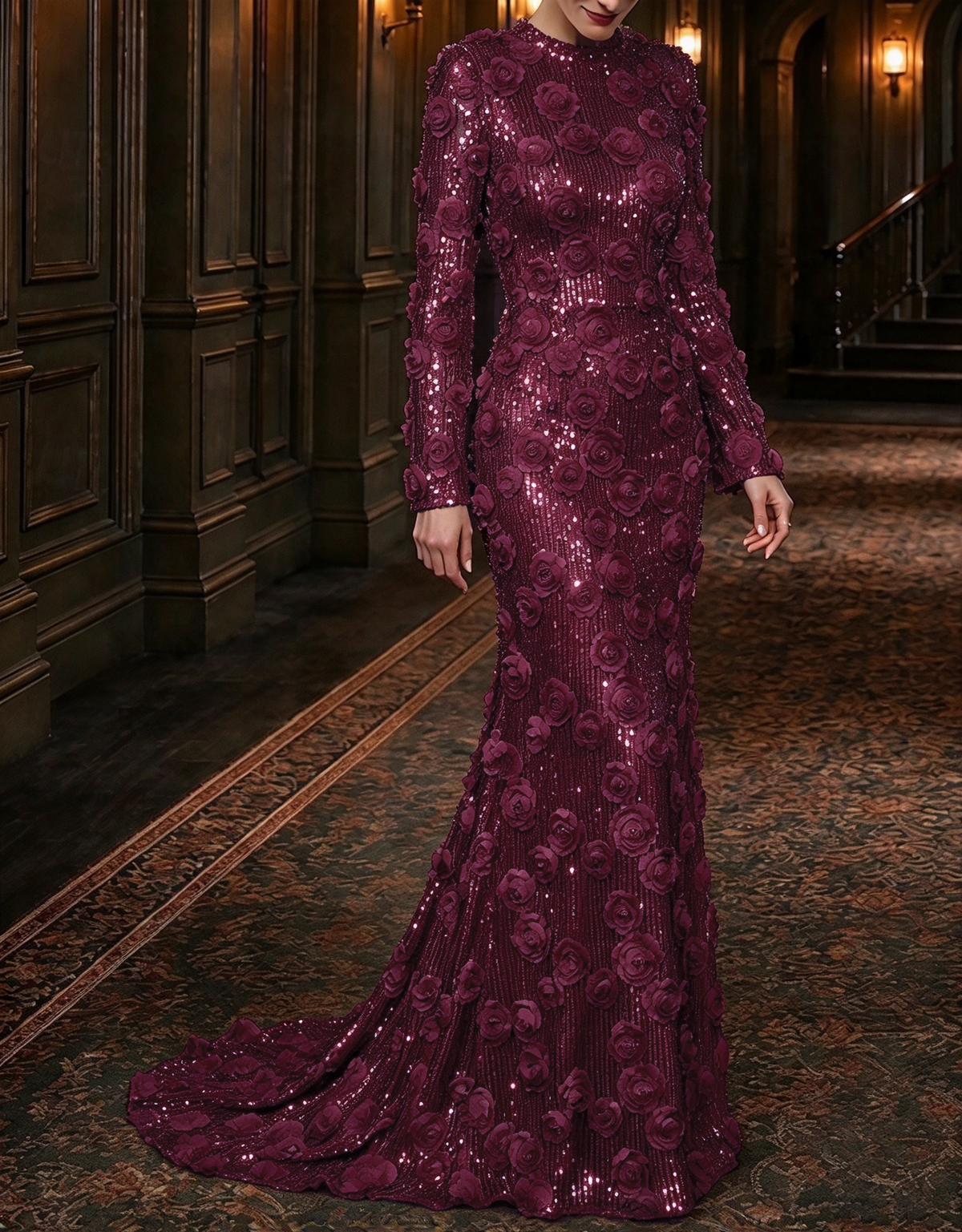 Robe de soirée longue sirène à col rond, manches longues, sequins et roses 3D