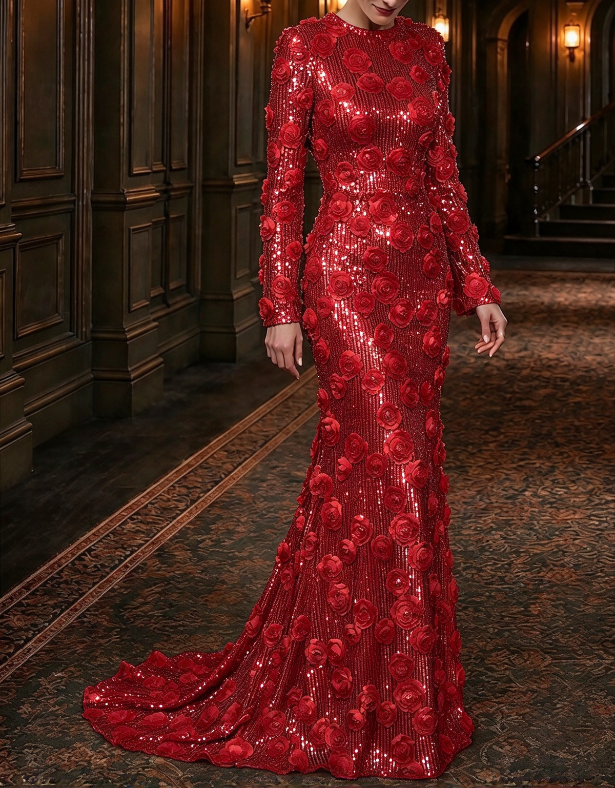 Robe de soirée longue sirène à col rond, manches longues, sequins et roses 3D