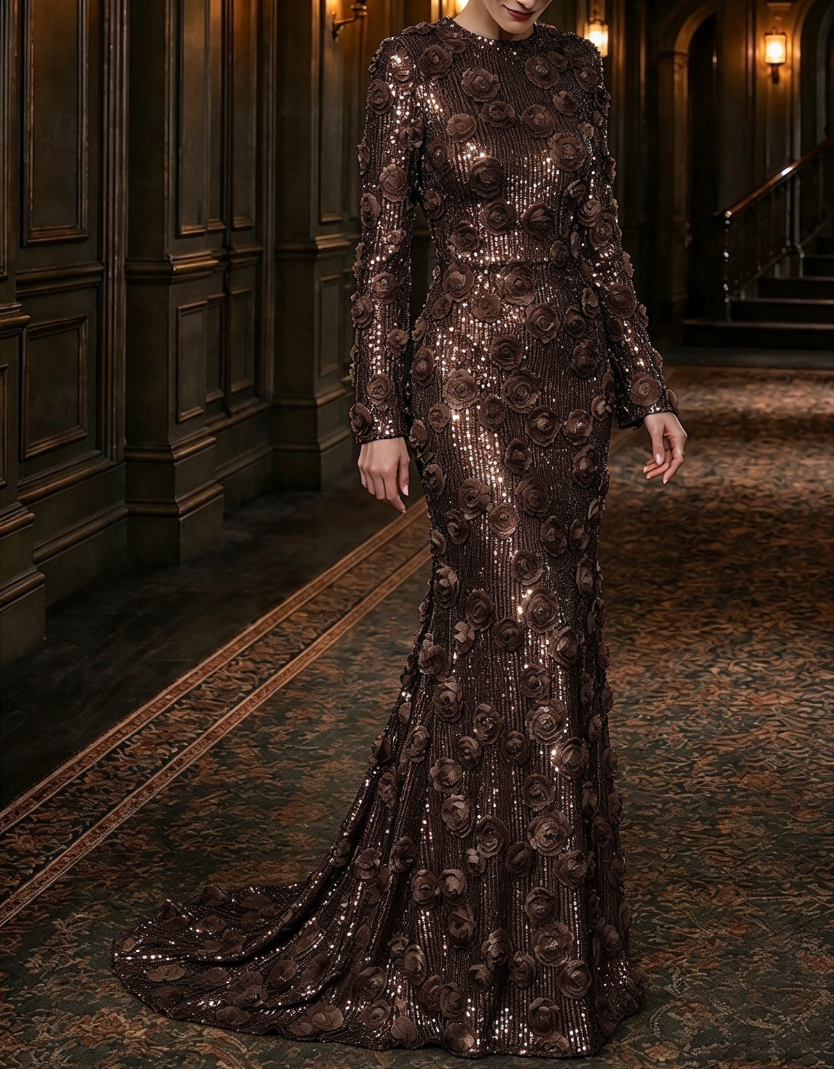 Robe de soirée longue sirène à col rond, manches longues, sequins et roses 3D