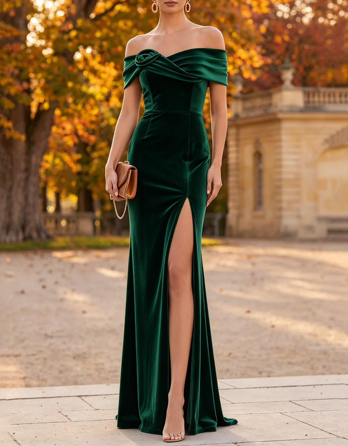 Schulterfreies Abend-Maxikleid in Meerjungfrauenform aus floralem Satin und Samt