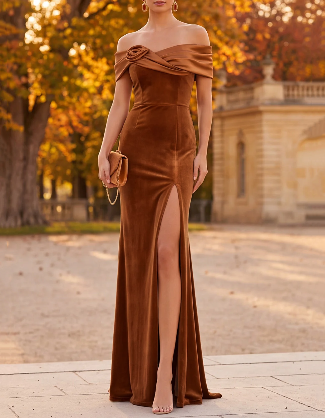 Schulterfreies Abend-Maxikleid in Meerjungfrauenform aus floralem Satin und Samt