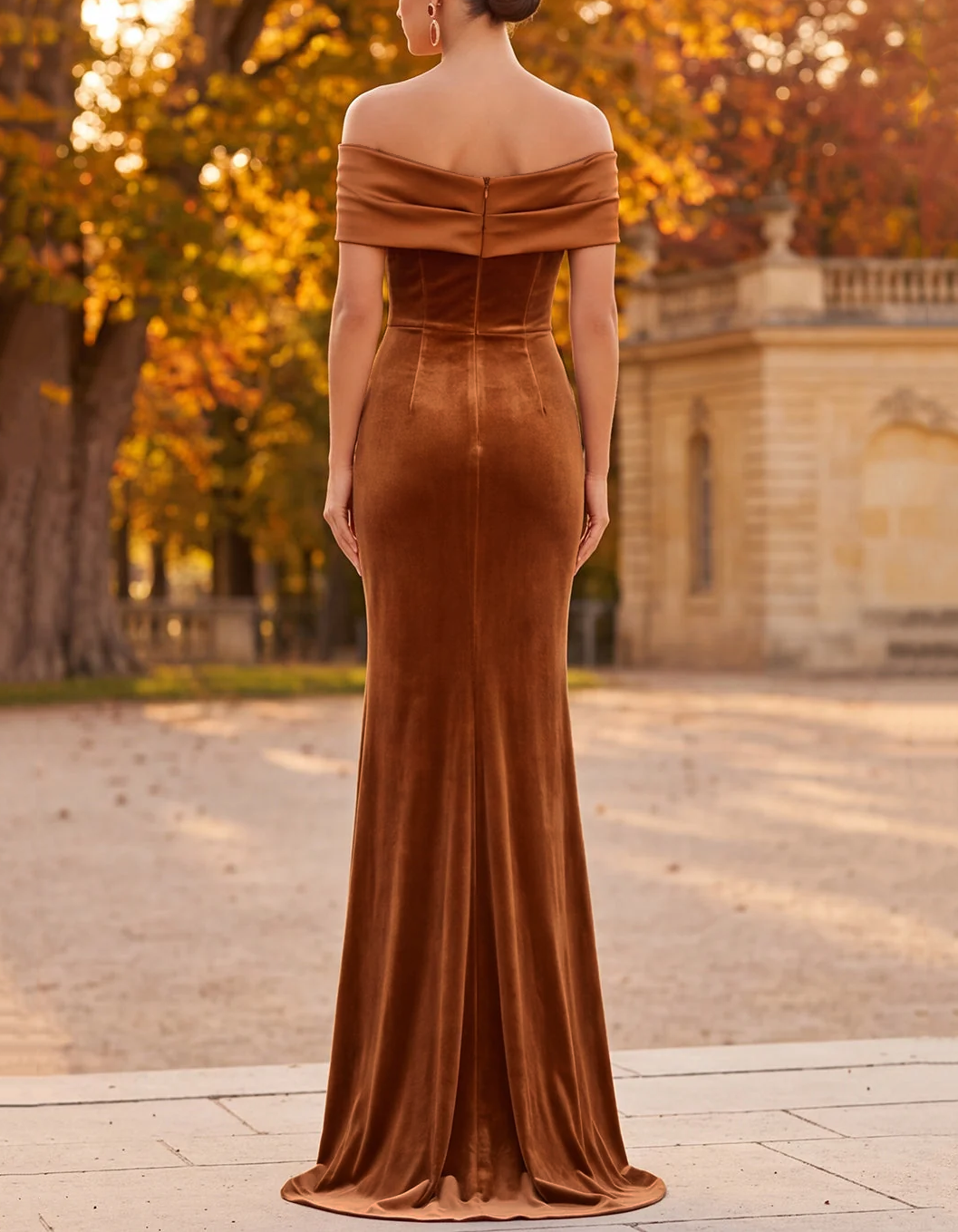Schulterfreies Abend-Maxikleid in Meerjungfrauenform aus floralem Satin und Samt