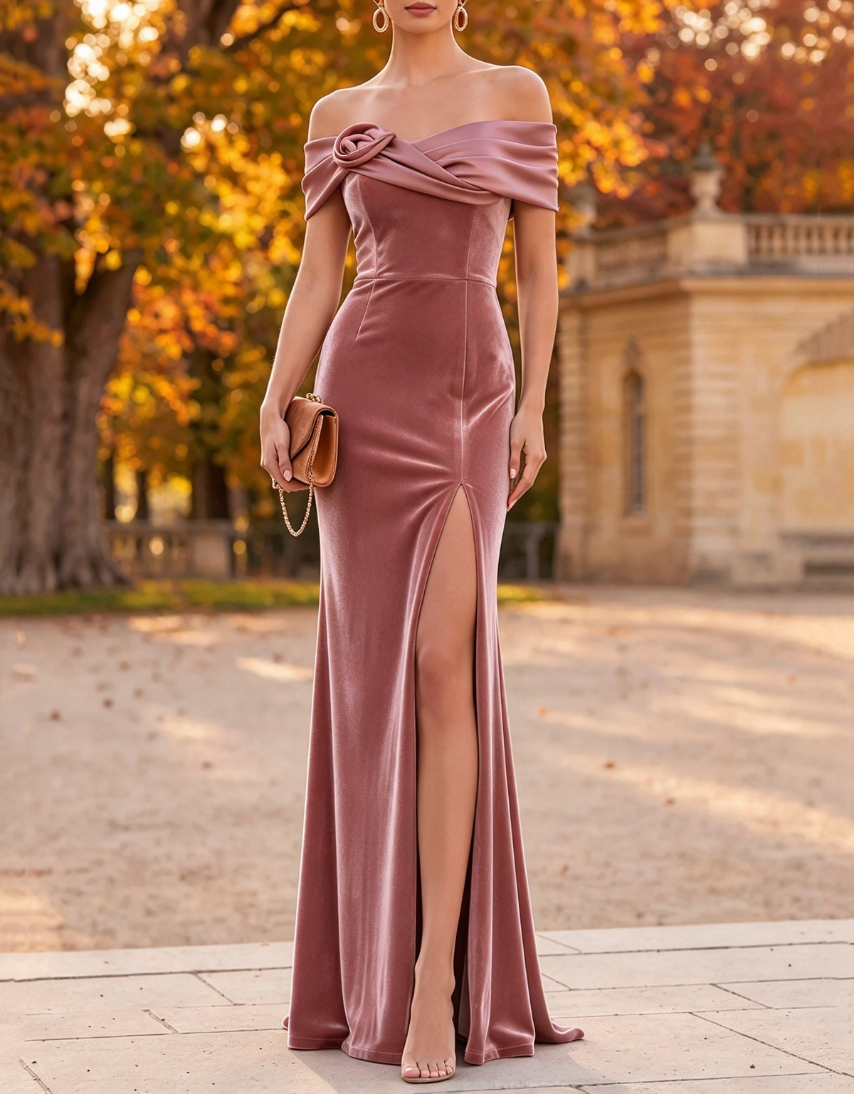 Schulterfreies Abend-Maxikleid in Meerjungfrauenform aus floralem Satin und Samt