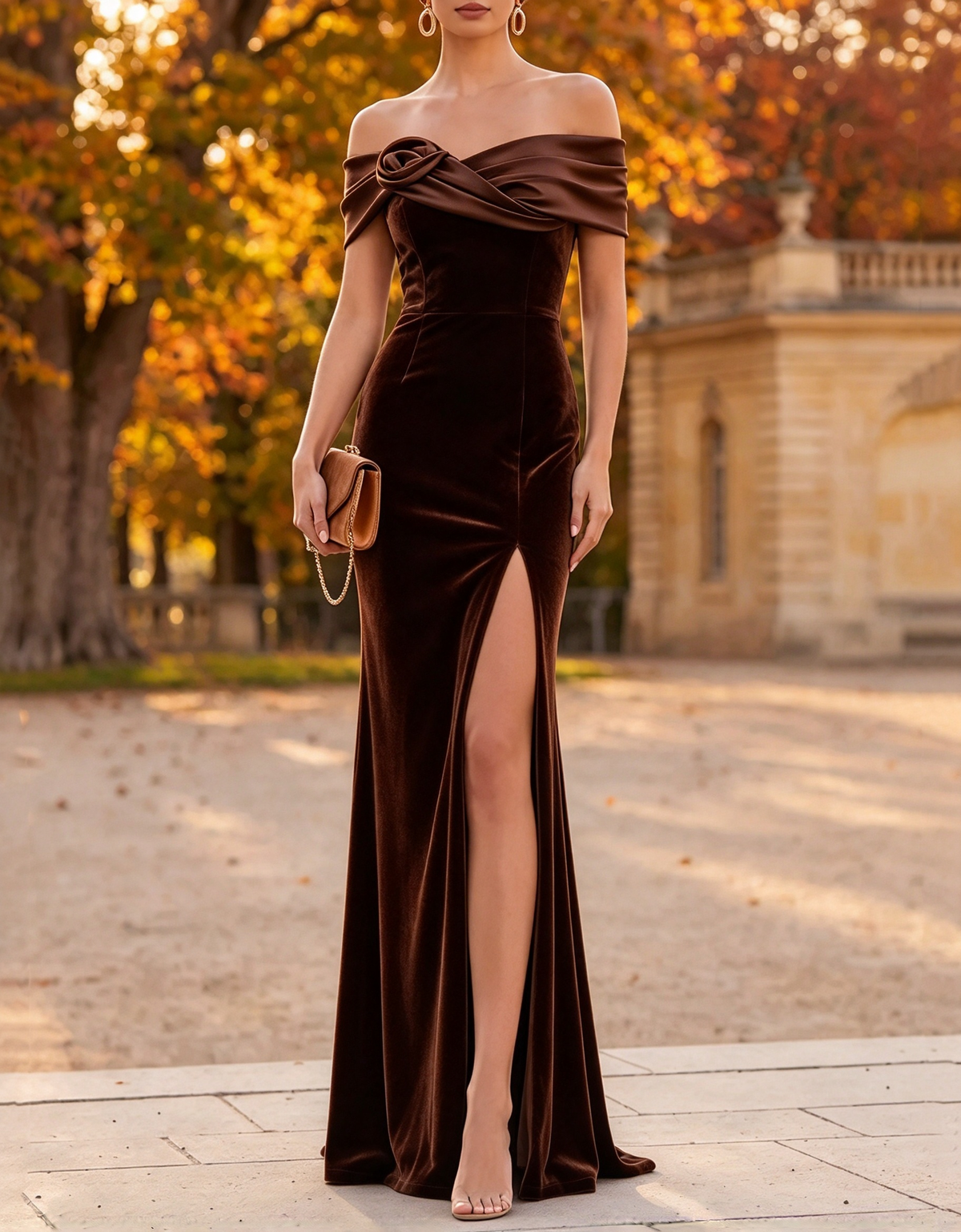 Schulterfreies Abend-Maxikleid in Meerjungfrauenform aus floralem Satin und Samt