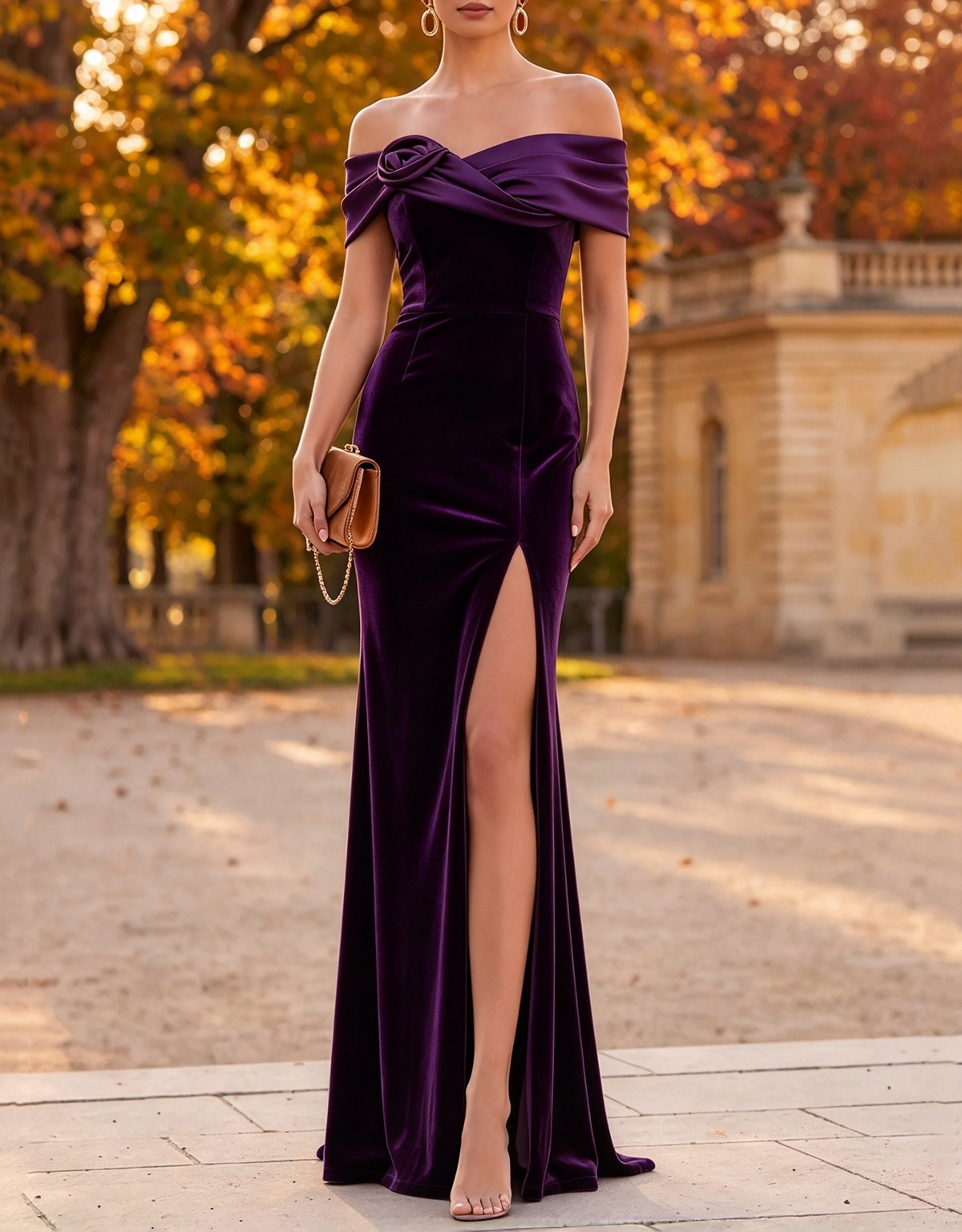 Schulterfreies Abend-Maxikleid in Meerjungfrauenform aus floralem Satin und Samt