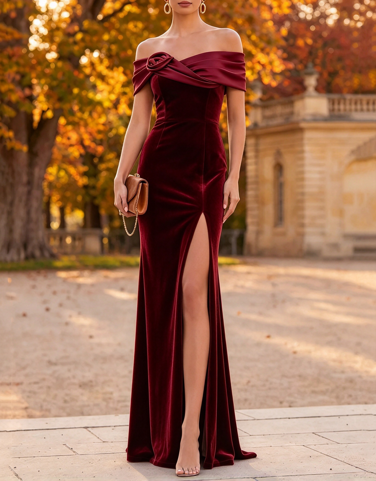 Schulterfreies Abend-Maxikleid in Meerjungfrauenform aus floralem Satin und Samt