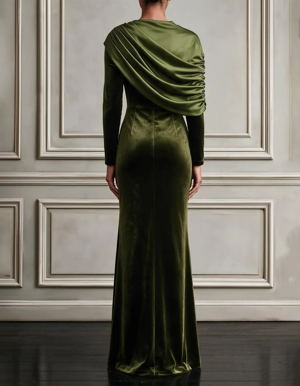 Robe longue en velours vert olive à épaule drapée et col bénitier