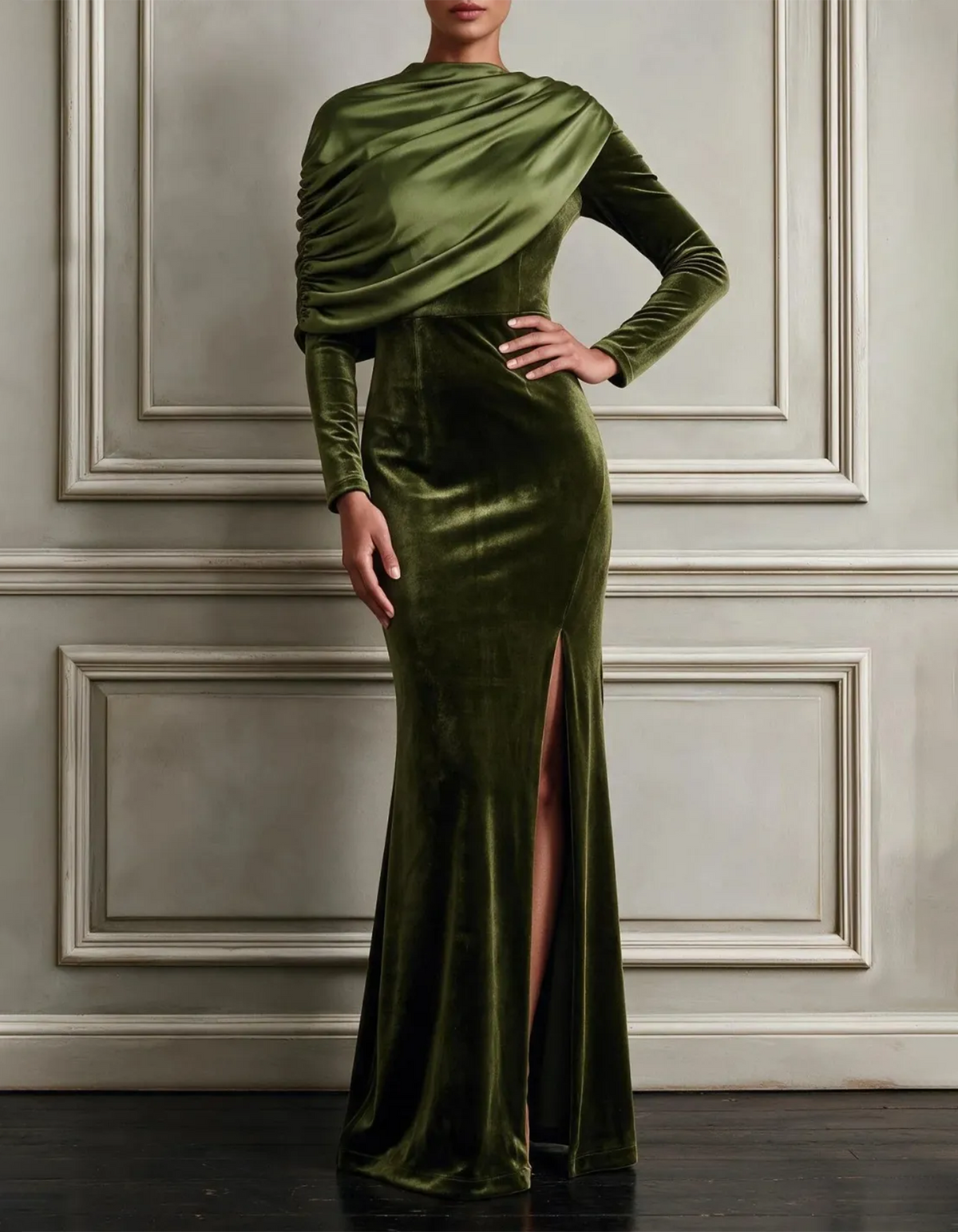 Robe longue en velours vert olive à épaule drapée et col bénitier