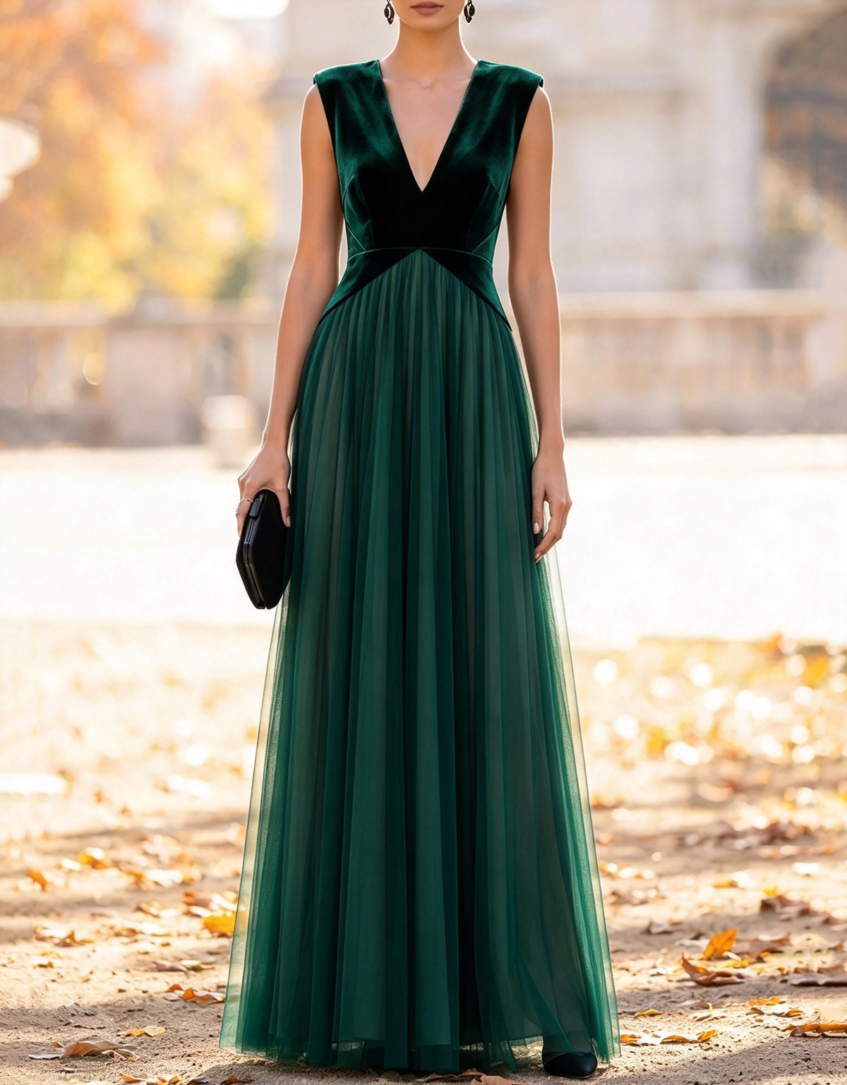 Vestido de noche largo evasé de terciopelo y tul, sin mangas y con cuello en V