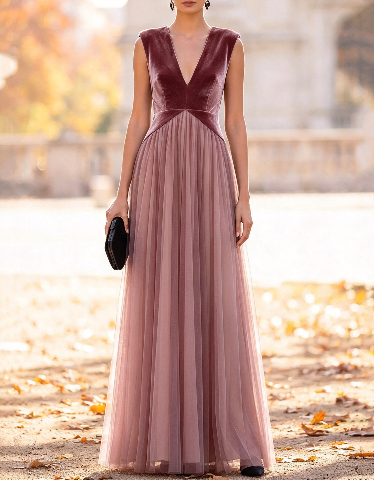 Vestido de noche largo evasé de terciopelo y tul, sin mangas y con cuello en V