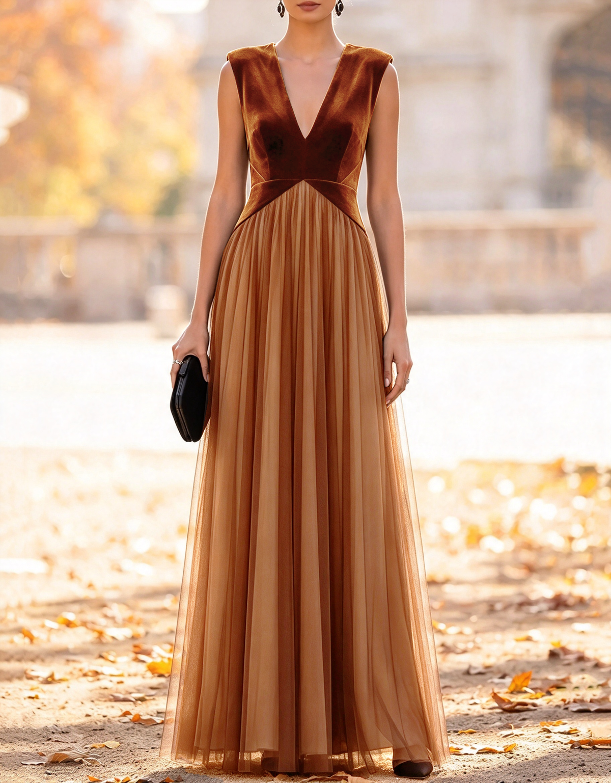 Vestido de noche largo evasé de terciopelo y tul, sin mangas y con cuello en V