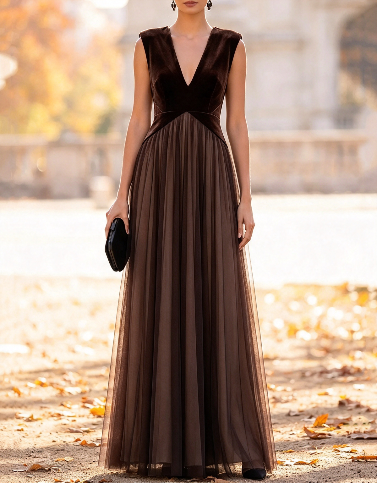 Vestido de noche largo evasé de terciopelo y tul, sin mangas y con cuello en V