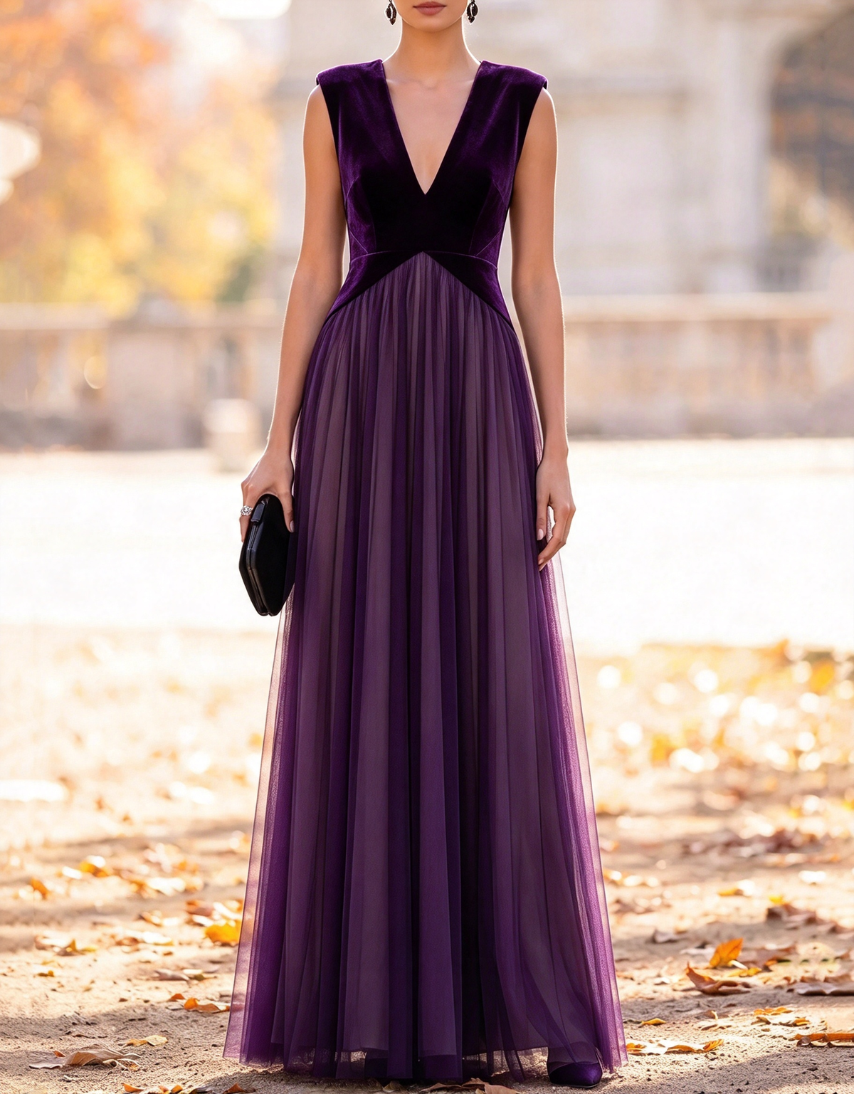 Vestido de noche largo evasé de terciopelo y tul, sin mangas y con cuello en V