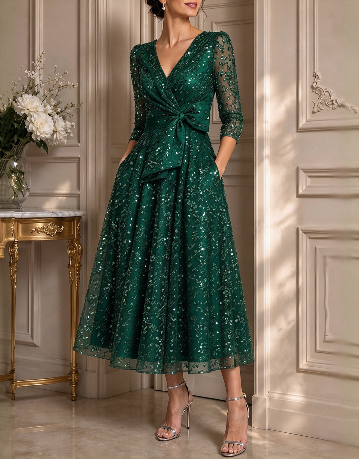 Vestido de noite midi evasé em tule com lantejoulas, decote em V e mangas 3/4