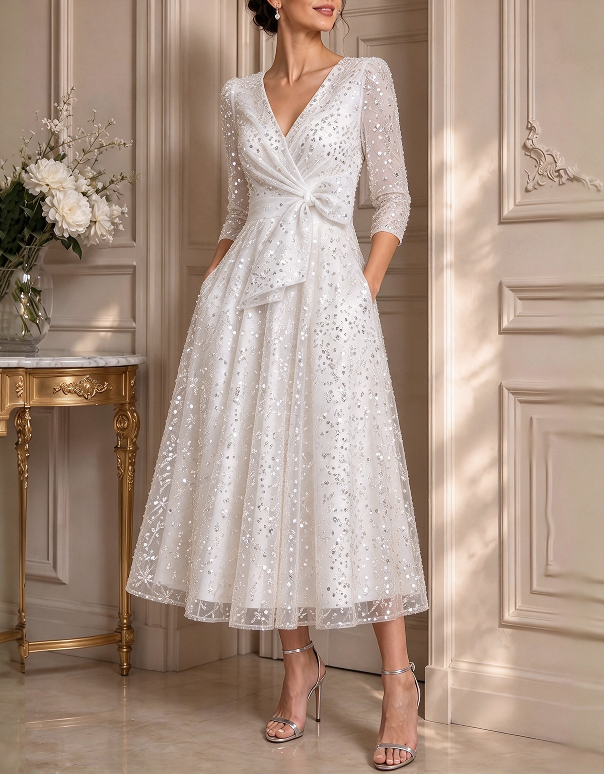 Vestido de noite midi evasé em tule com lantejoulas, decote em V e mangas 3/4