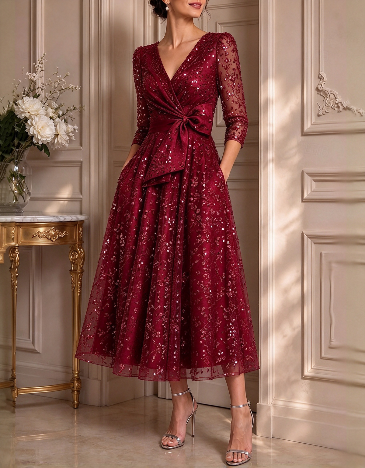 Vestido de noite midi evasé em tule com lantejoulas, decote em V e mangas 3/4