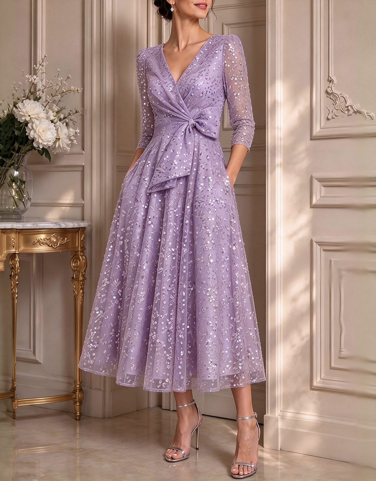 Vestido de noite midi evasé em tule com lantejoulas, decote em V e mangas 3/4