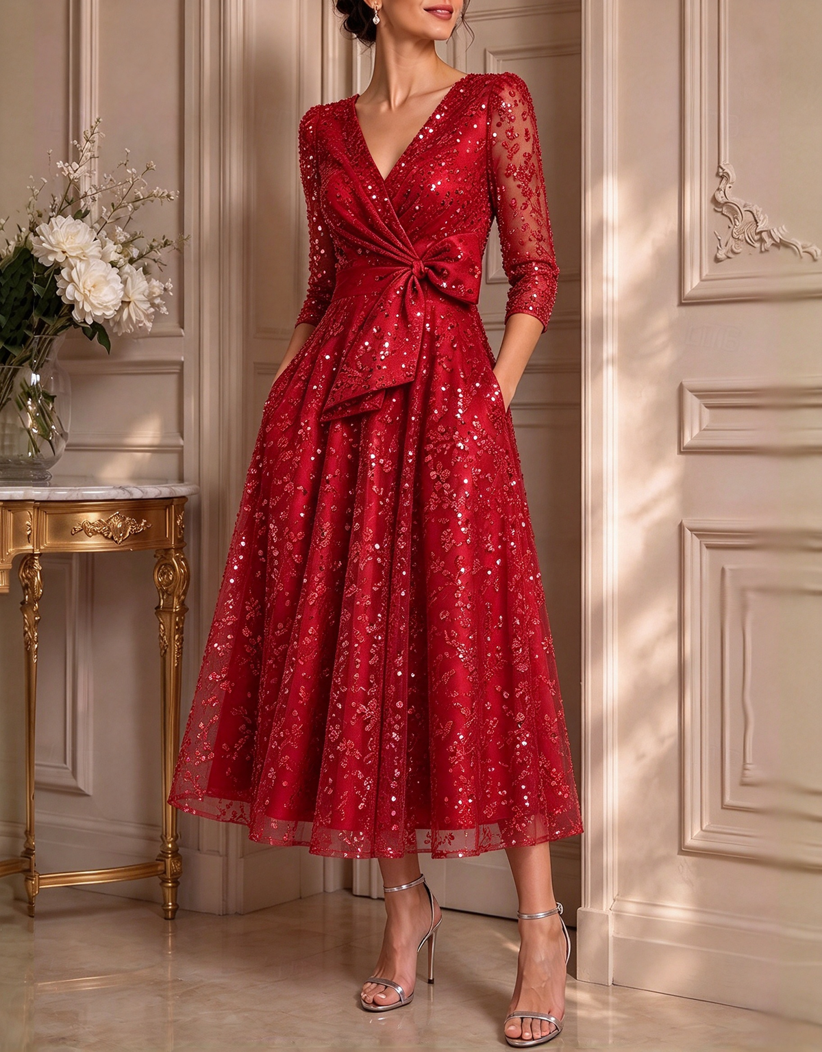 Vestido de noite midi evasé em tule com lantejoulas, decote em V e mangas 3/4