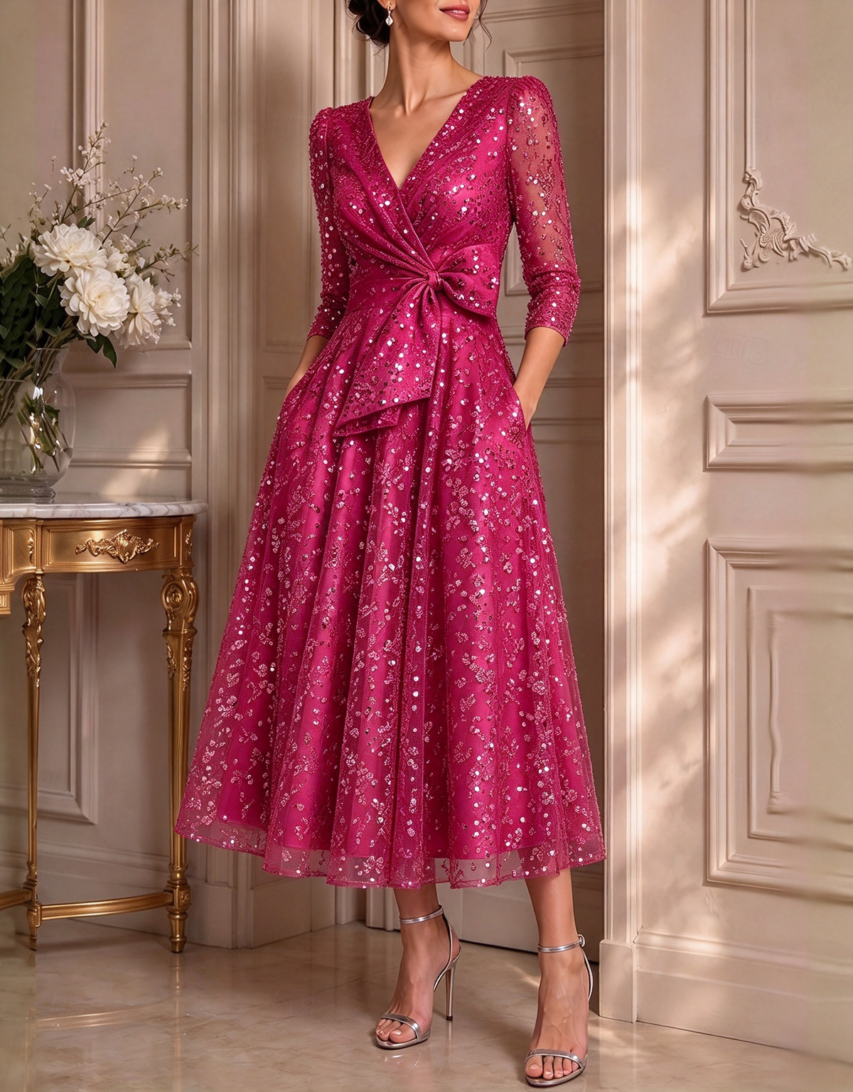 Vestido de noite midi evasé em tule com lantejoulas, decote em V e mangas 3/4