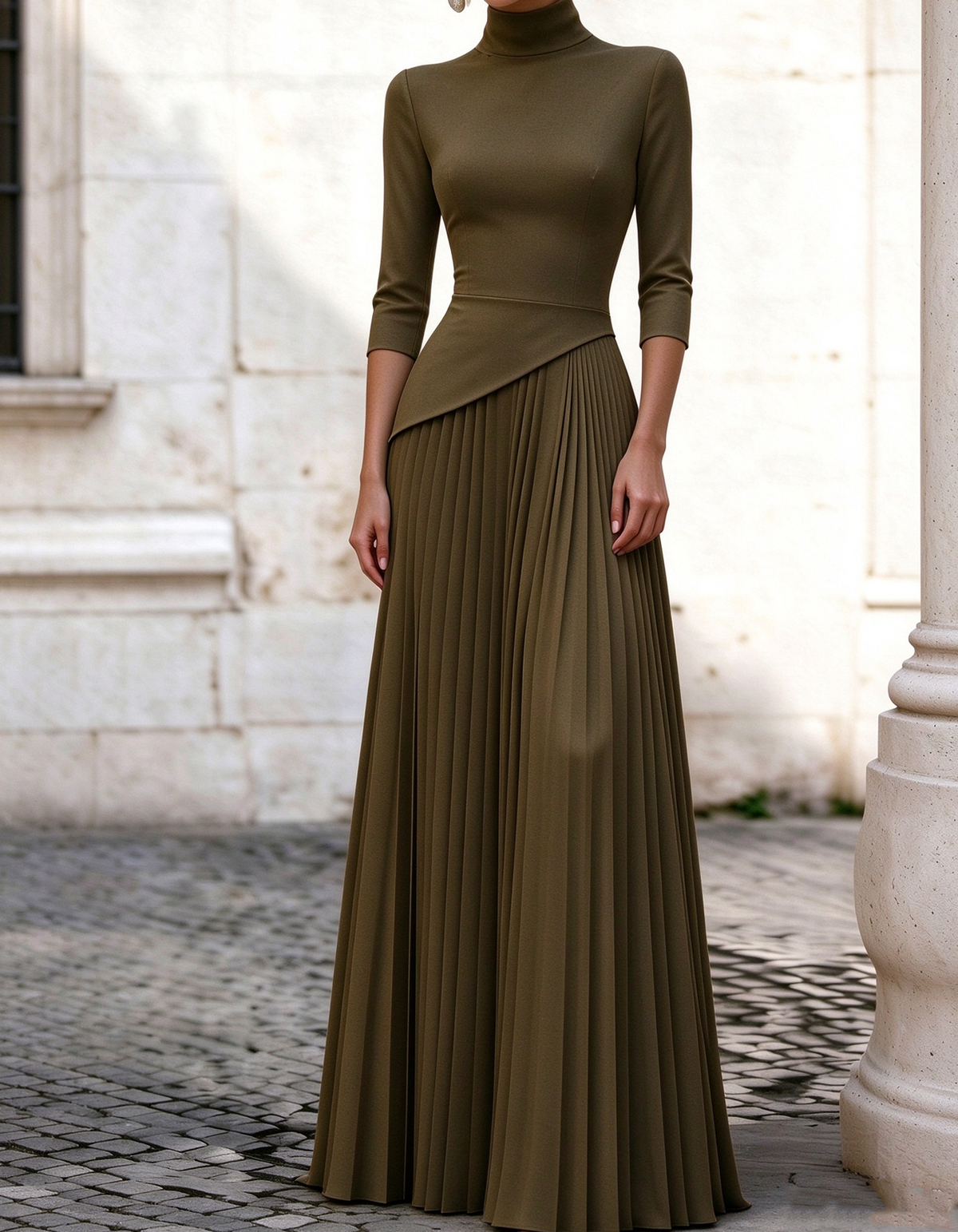 Vestido maxi plissado de cintura assimétrica, gola subida e mangas 3/4
