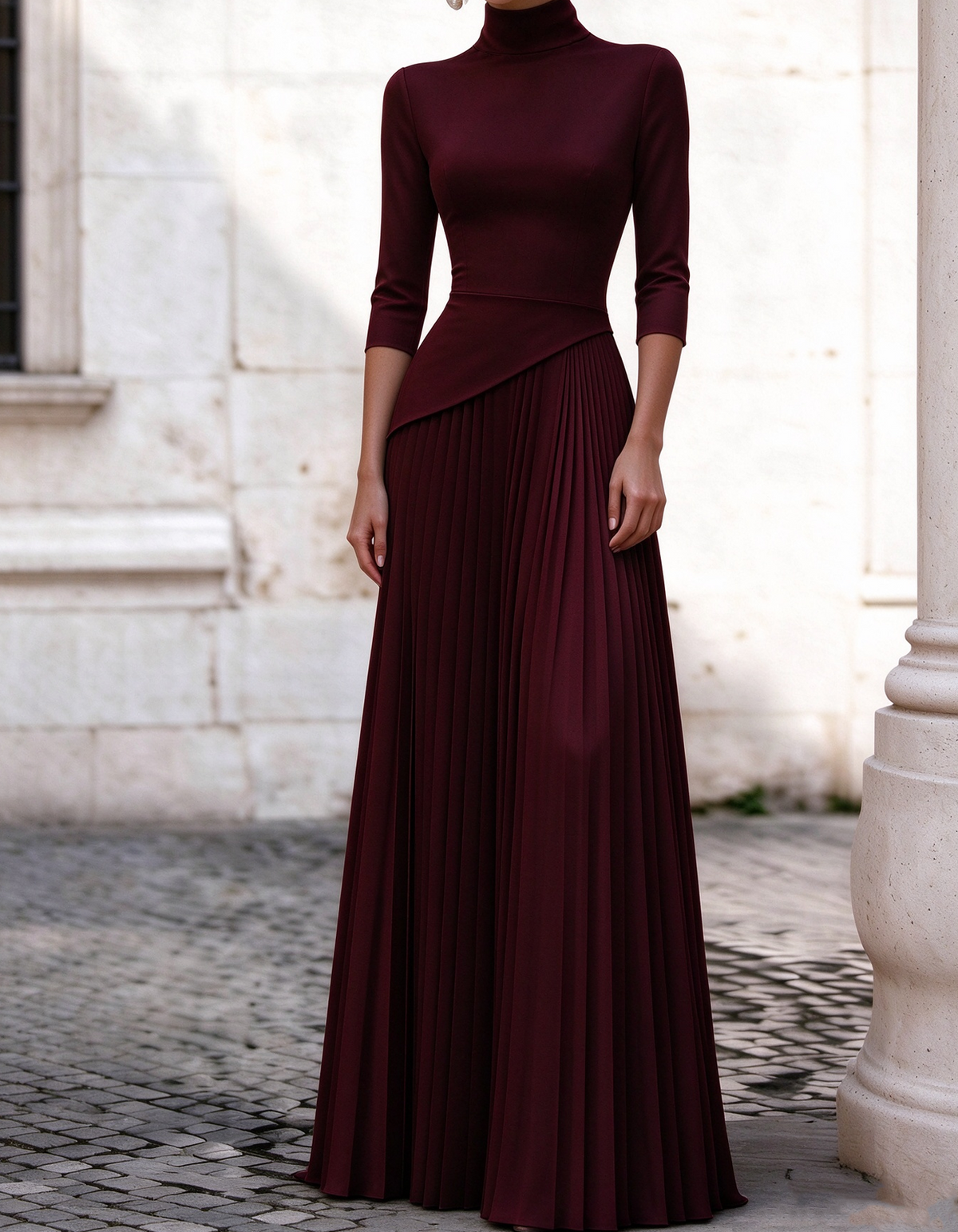 Vestido maxi plissado de cintura assimétrica, gola subida e mangas 3/4